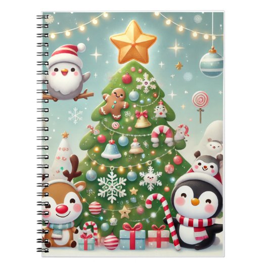 クリスマスツリーとおもしろいキャラクター付きのノート ノートブック (正面)