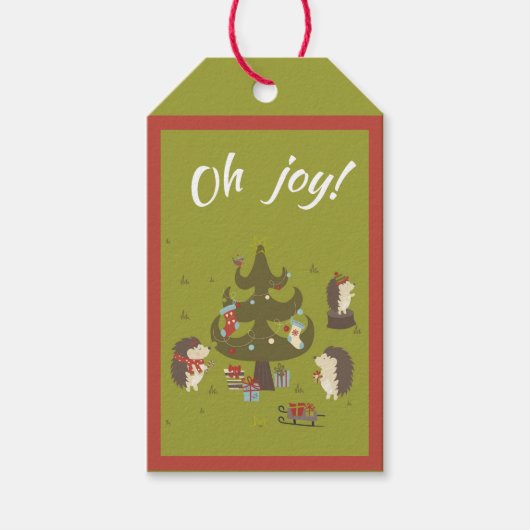 クリスマスツリーとそりの子供たちのかわいいハリネズミ ギフトタグ (正面)