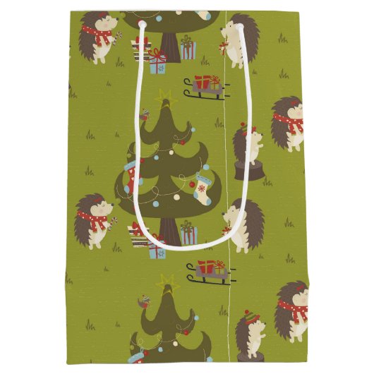 クリスマスツリーとそりの子供たちのかわいいハリネズミ ミディアムペーパーバッグ (裏面)