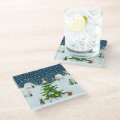 クリスマスツリーとアニを持つクリスマス雪の村 ガラスコースター (アングル)