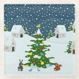 クリスマスツリーとアニを持つクリスマス雪の村 ガラスコースター