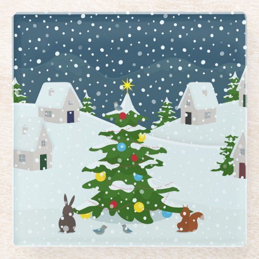 クリスマスツリーとアニを持つクリスマス雪の村 ガラスコースター (正面)