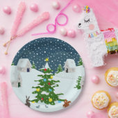 クリスマスツリーとアニを持つクリスマス雪の村 ペーパープレート (パーティー)