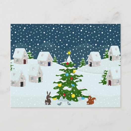 クリスマスツリーとアニを持つクリスマス雪の村 ポストカード (正面)