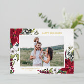 クリスマスツリーとインテリアを飾るのに最適な、ポインセチアと松葉の写真です。楽しいホリデーシーズン！ 箔シーズンカード (立ち正面)