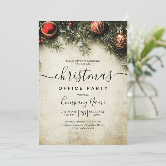 クリスマスツリーとオーナメントホリデーオフィスパーティー 招待状 (スタンド正面)
