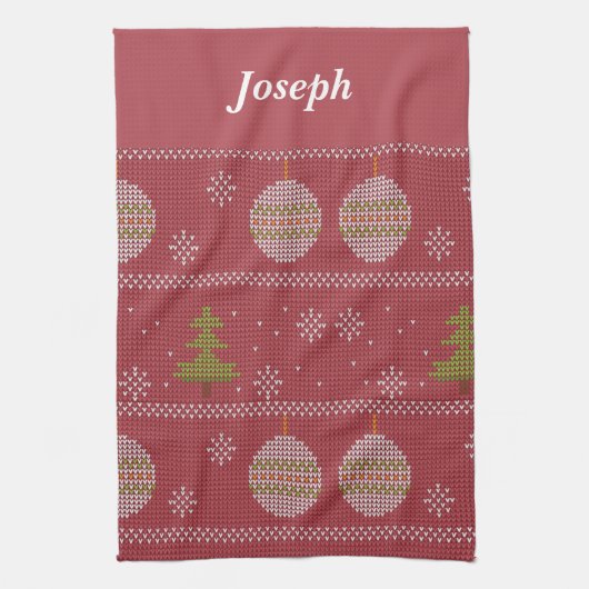 クリスマスツリーとオーナメント織り赤 キッチンタオル (縦)