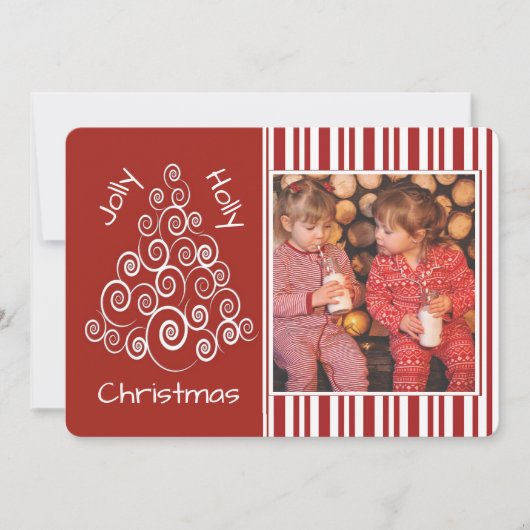 クリスマスツリーとキャンディストライプのーのカスタム写真 シーズンカード (正面)
