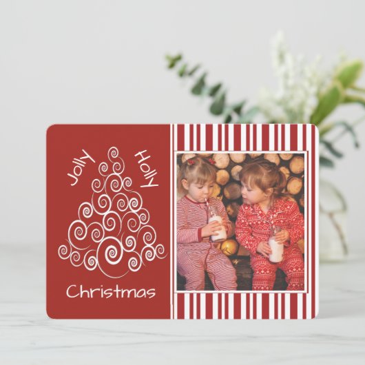 クリスマスツリーとキャンディストライプのーのカスタム写真 シーズンカード (スタンド正面)