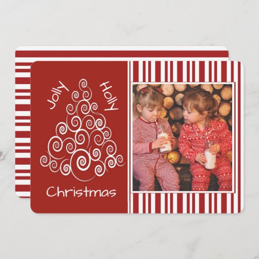 クリスマスツリーとキャンディストライプのーのカスタム写真 シーズンカード (正面/裏面)