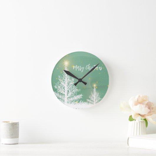 クリスマスツリーとキラキラ輝く青い背景 ラウンド壁時計 (ホーム)