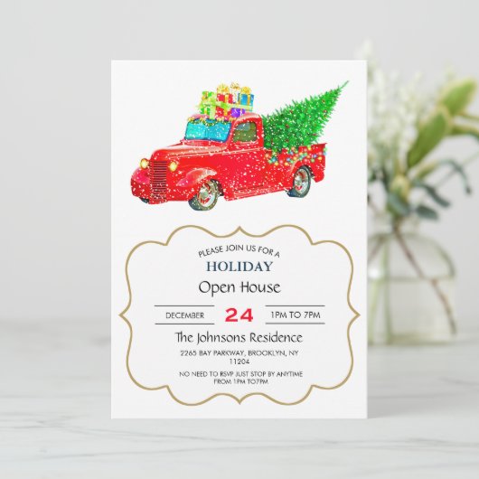 クリスマスツリーとギフトを持つクリスマスレッドトラック 招待状 (スタンド正面)