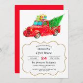 クリスマスツリーとギフトを持つクリスマスレッドトラック 招待状 (正面/裏面)