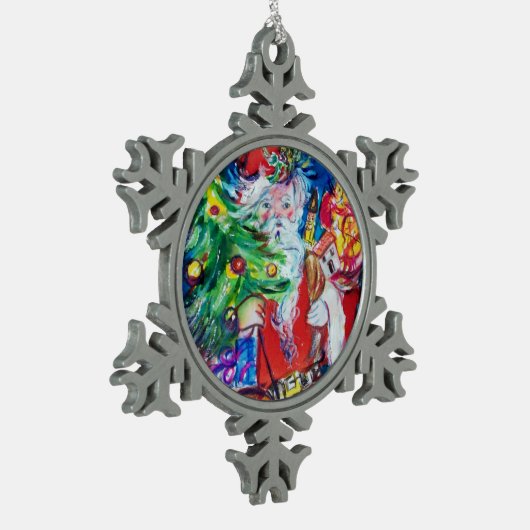 クリスマスツリーとギフト付きサンタ スノーフレークピューターオーナメント (左)