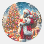 クリスマスツリーとギフト付きサンタAfrican American ラウンドシール (正面)