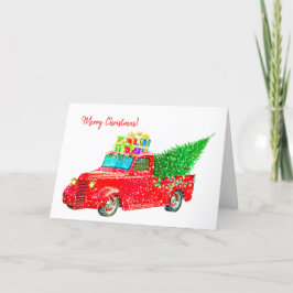クリスマスツリーとギフト付き古い赤いトラック シーズンカード