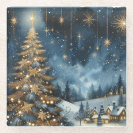 クリスマスツリーとクリスマスビレッジのシーン ガラスコースター