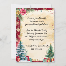 クリスマスツリーとゴールデンスノーフレーク 招待状