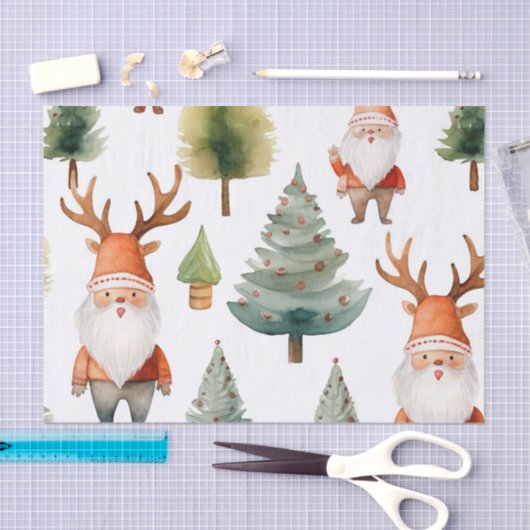 クリスマスツリーとサンタクロースの水彩画 薄葉紙 (クラフト)