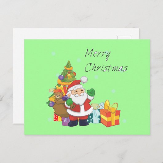 クリスマスツリーとサンタメリークリスマスグリーン シーズンポストカード (正面/裏面)