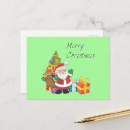 クリスマスツリーとサンタメリークリスマスグリーン シーズンポストカード