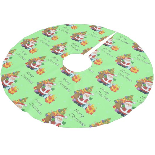 クリスマスツリーとサンタメリークリスマスグリーン ブラッシュドポリエステルツリースカート (アングル)