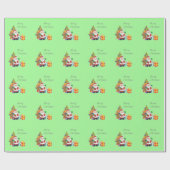 クリスマスツリーとサンタメリークリスマスグリーン ラッピングペーパー (フラット)