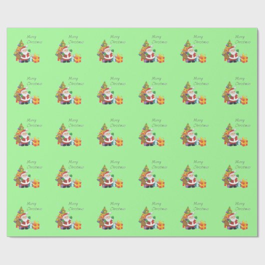 クリスマスツリーとサンタメリークリスマスグリーン ラッピングペーパー (フラット)
