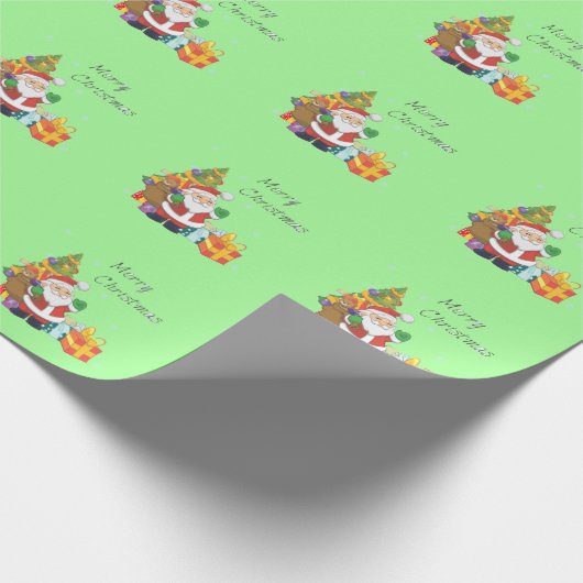 クリスマスツリーとサンタメリークリスマスグリーン ラッピングペーパー (角)