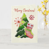 クリスマスツリーとストッキングのファンシー カード (黄色い花)