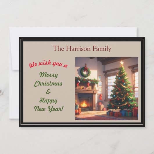 クリスマスツリーとストックを下げた暖炉 シーズンカード (正面)