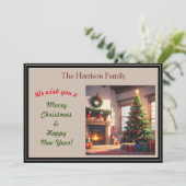 クリスマスツリーとストックを下げた暖炉 シーズンカード (スタンド正面)
