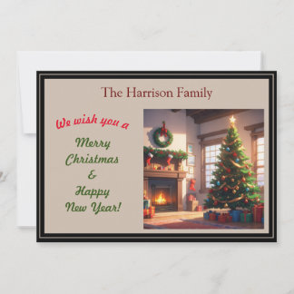 クリスマスツリーとストックを下げた暖炉 シーズンカード
