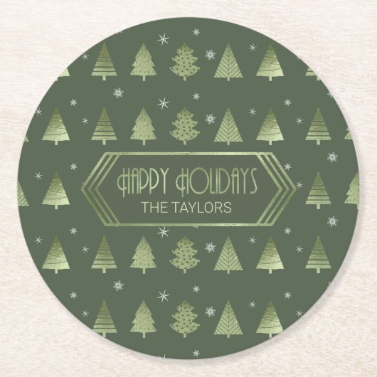 クリスマスツリーとスノーフレークパターングリーンID863 ラウンドペーパーコースター (正面)