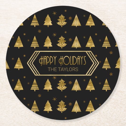 クリスマスツリーとスノーフレークパターン金ゴールドID863 ラウンドペーパーコースター (正面)