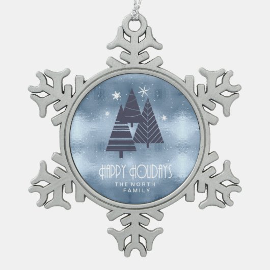 クリスマスツリーとスノーフレークブルーID863 スノーフレークピューターオーナメント (正面)