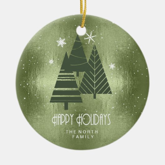 クリスマスツリーとスノーフレーク緑ID863 セラミックオーナメント (正面)