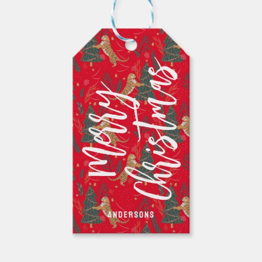 クリスマスツリーとタイガースのパターン赤い背景 ギフトタグ (正面)