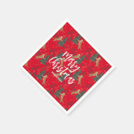 クリスマスツリーとタイガースのパターン赤い背景 スタンダードカクテルナプキン