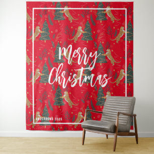 クリスマスツリーとタイガースのパターン赤い背景 タペストリー