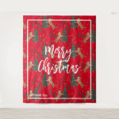 クリスマスツリーとタイガースのパターン赤い背景 タペストリー (正面)