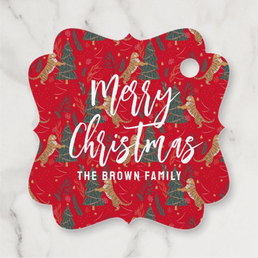 クリスマスツリーとタイガースのパターン赤い背景 フェイバータグ (裏面)