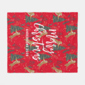 クリスマスツリーとタイガースのパターン赤い背景 フリースブランケット (正面(横))