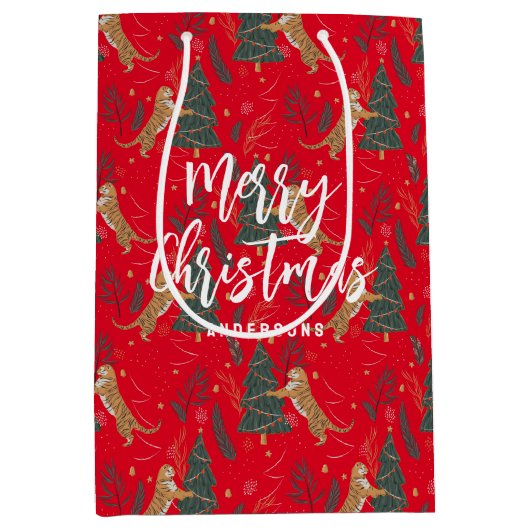 クリスマスツリーとタイガースのパターン赤い背景 ミディアムペーパーバッグ (正面)