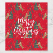 クリスマスツリーとタイガースのパターン赤い背景 ワインラベル (シングルラベル)