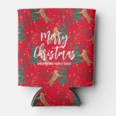 クリスマスツリーとタイガースのパターン赤い背景 缶クーラー (正面)