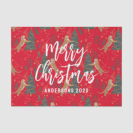 クリスマスツリーとタイガースのパターン赤い背景 薄葉紙