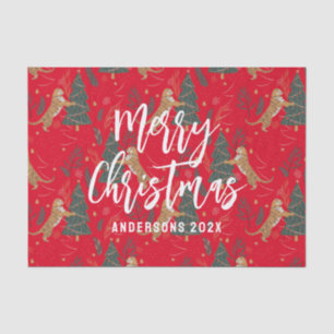 クリスマスツリーとタイガースのパターン赤い背景 薄葉紙