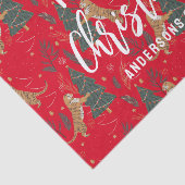 クリスマスツリーとタイガースのパターン赤い背景 薄葉紙 (詳細)