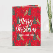 クリスマスツリーとタイガースパターン赤い背景 カード (正面)
